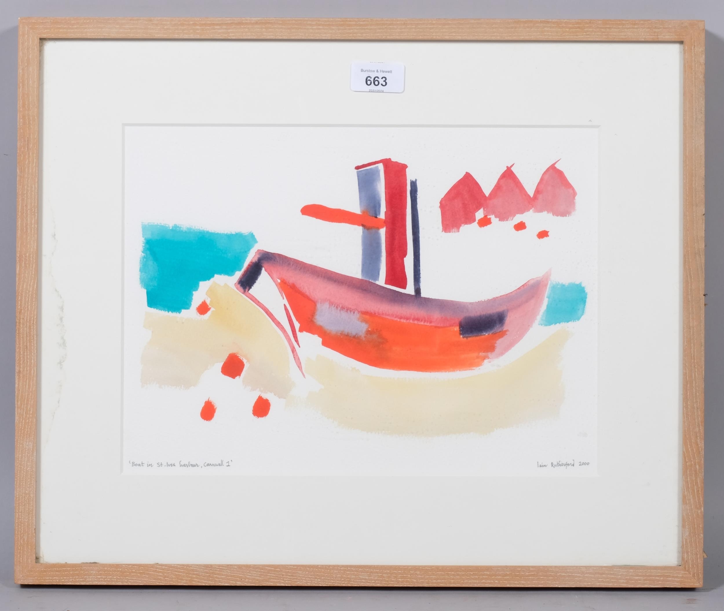 Artwork by Ian Rutherford, boat is St Ives harbour Cornwall, Made of watercolour