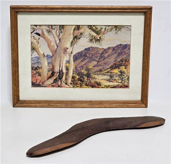 A Framed Albert Namatjira print 25 x 19cm, Together with another 1960''s Boomerang by Albert Namatjira, 1960
