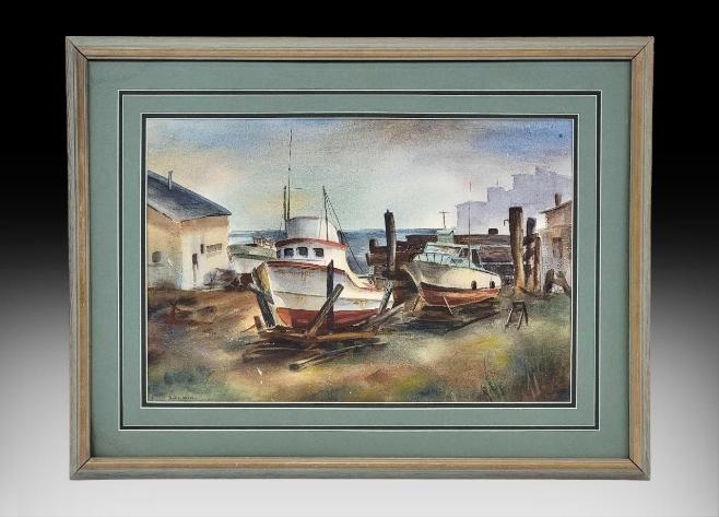 Artwork by Dodie Warren, Fishing Boats in Dry Dock, Made of Watercolor