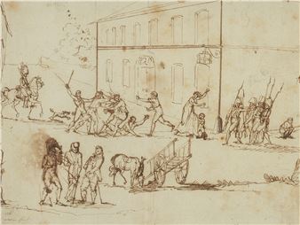 A dynamic sketch of a street confrontation with soldiers, civilians, and a horse-drawn cart.