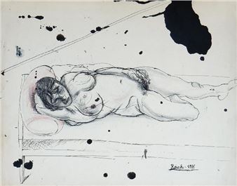 Liegende Frau auf rotem Kissen - Michael Reich