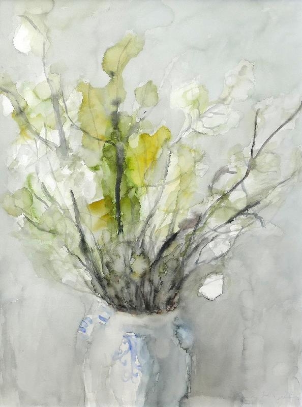 Artwork by Marlene Magnus, Vase mit grünen Zweigen, Made of watercolor