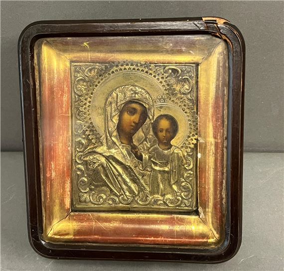 A Russian icon in glazed case 18cm x 20cm by Russian School