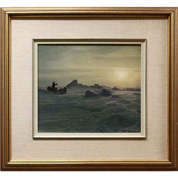 SLED DOGS IN AN ARCTIC SUNSET by Lorenzo Fracchetti, DATED '83
