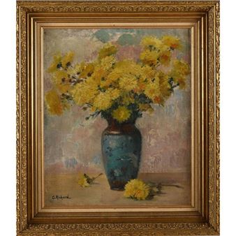 Vase bleue aux fleurs jaunes - G. Richard