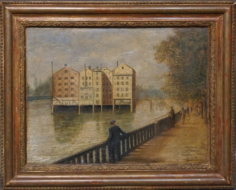 Artwork by Ernest Lebeigue, Le moulin de l'Echelle à Meaux, décembre 1933, Made of oil on panel