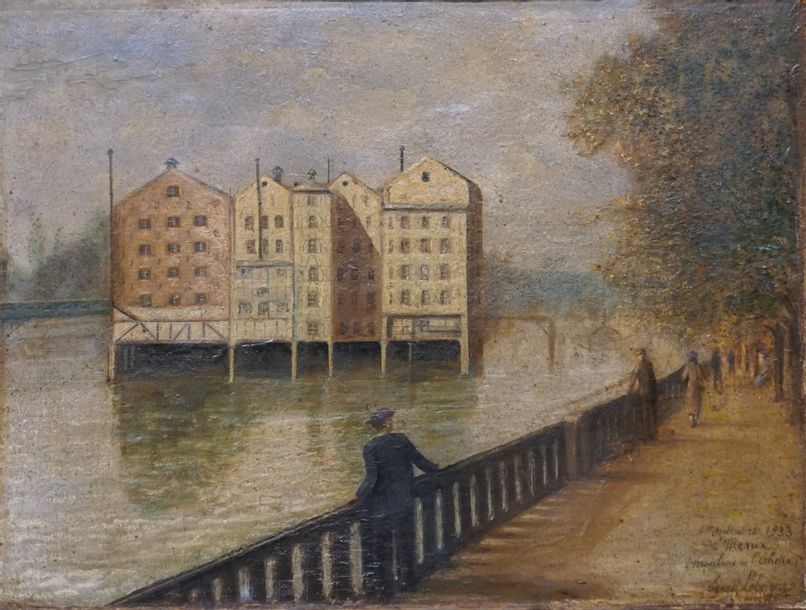 Artwork by Ernest Lebeigue, Le moulin de l'Echelle à Meaux, décembre 1933, Made of oil on panel