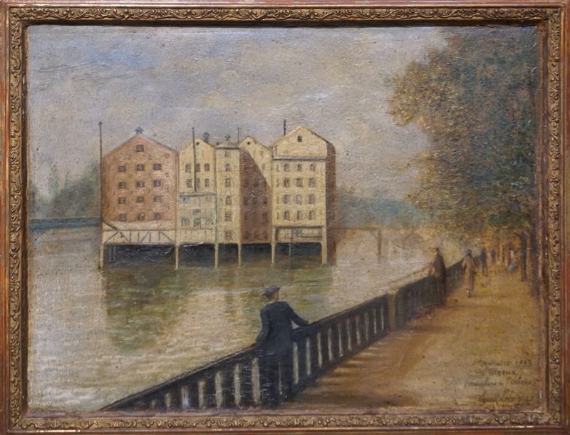 Artwork by Ernest Lebeigue, Le moulin de l'Echelle à Meaux, décembre 1933, Made of oil on panel