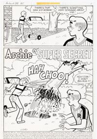 Dan DeCarlo Jr. and Jim DeCarlo Archie #285 Complete 6-Page Story &quot;Super Secret&quot; Original Art (Archie, 1979). Roger, a new kid in town, goes on a double date with Archie but doesn&#39;t want to reveal to the girls that he has super powers. Ink over graphite on Bristol board with image areas of 10&quot; x 15&quot;. Stat logo and indicia paste-ups on the first page, tape on the top/bottom edges, with light handling wear. Overall in Excellent condition. - Dan Decarlo