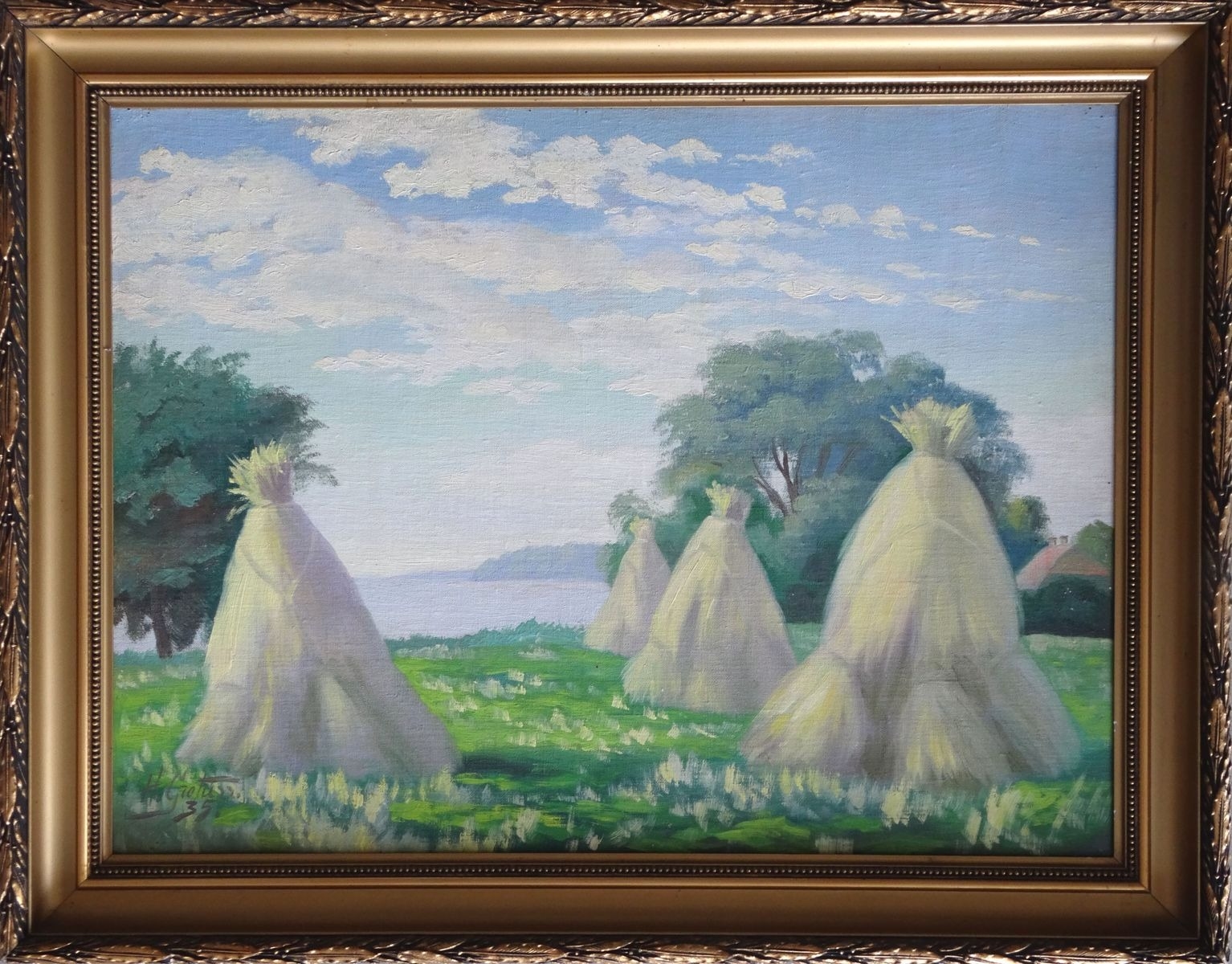 Artwork by Hugo Karlis Grotuss, Hay stacks, Made of cardboard, canvas, oil