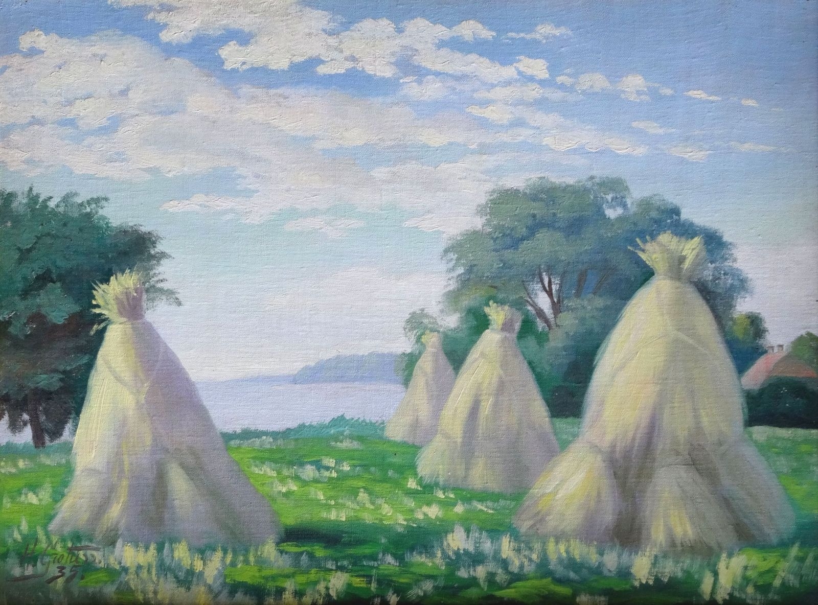 Artwork by Hugo Karlis Grotuss, Hay stacks, Made of cardboard, canvas, oil