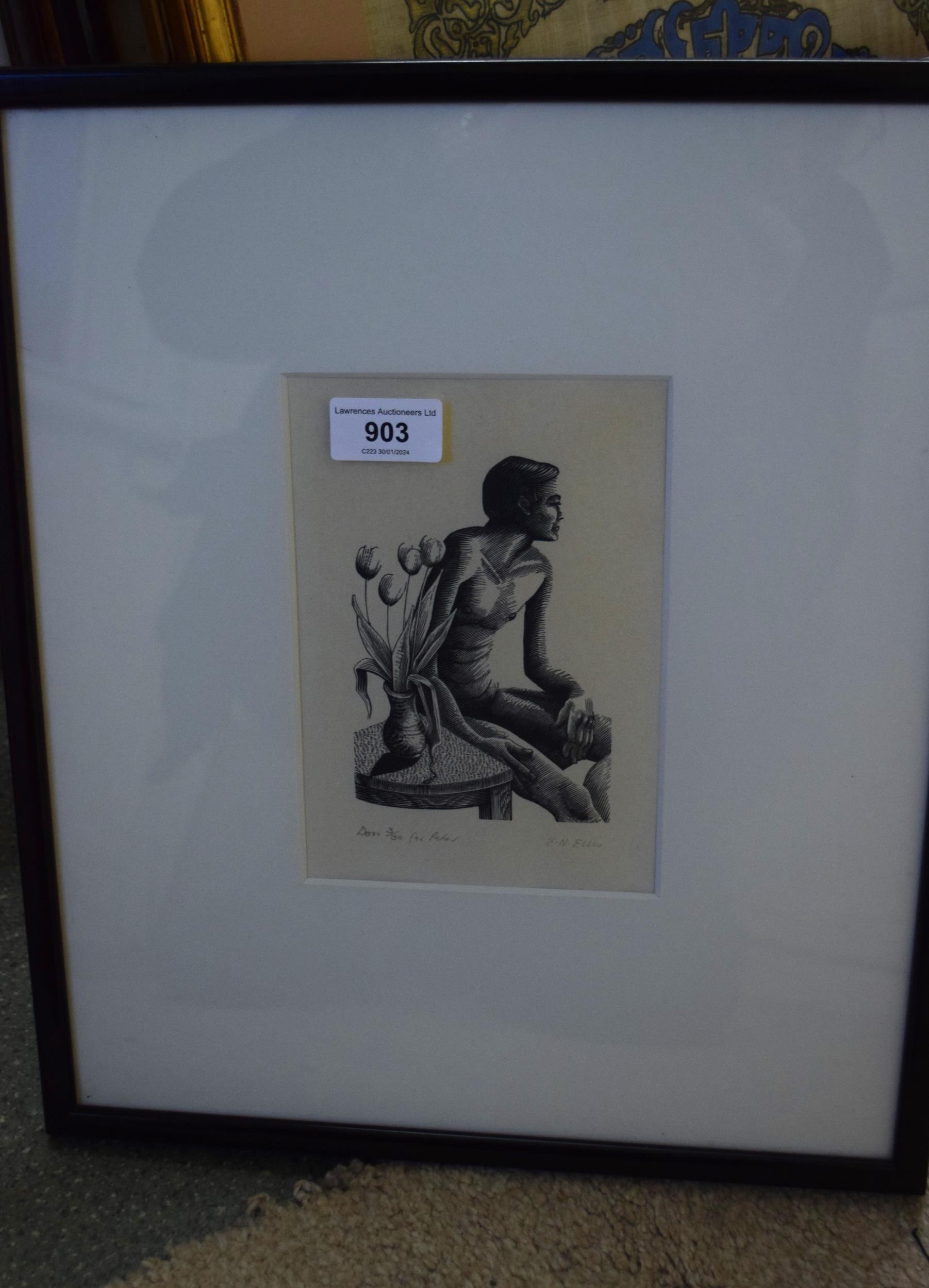 Artwork by Edwina N. Ellis, signed woodcut print, Made of woodcut