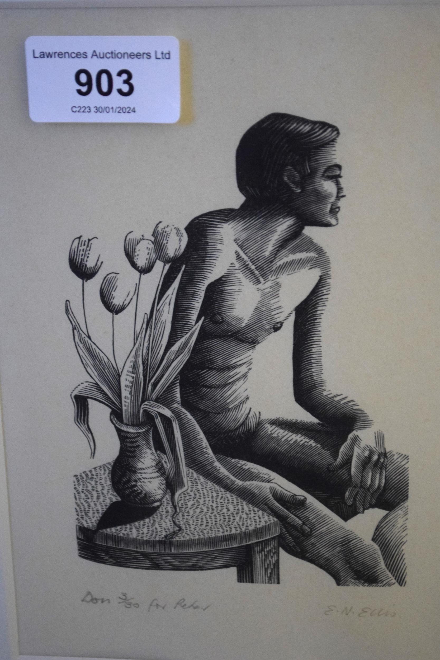 Artwork by Edwina N. Ellis, signed woodcut print, Made of woodcut