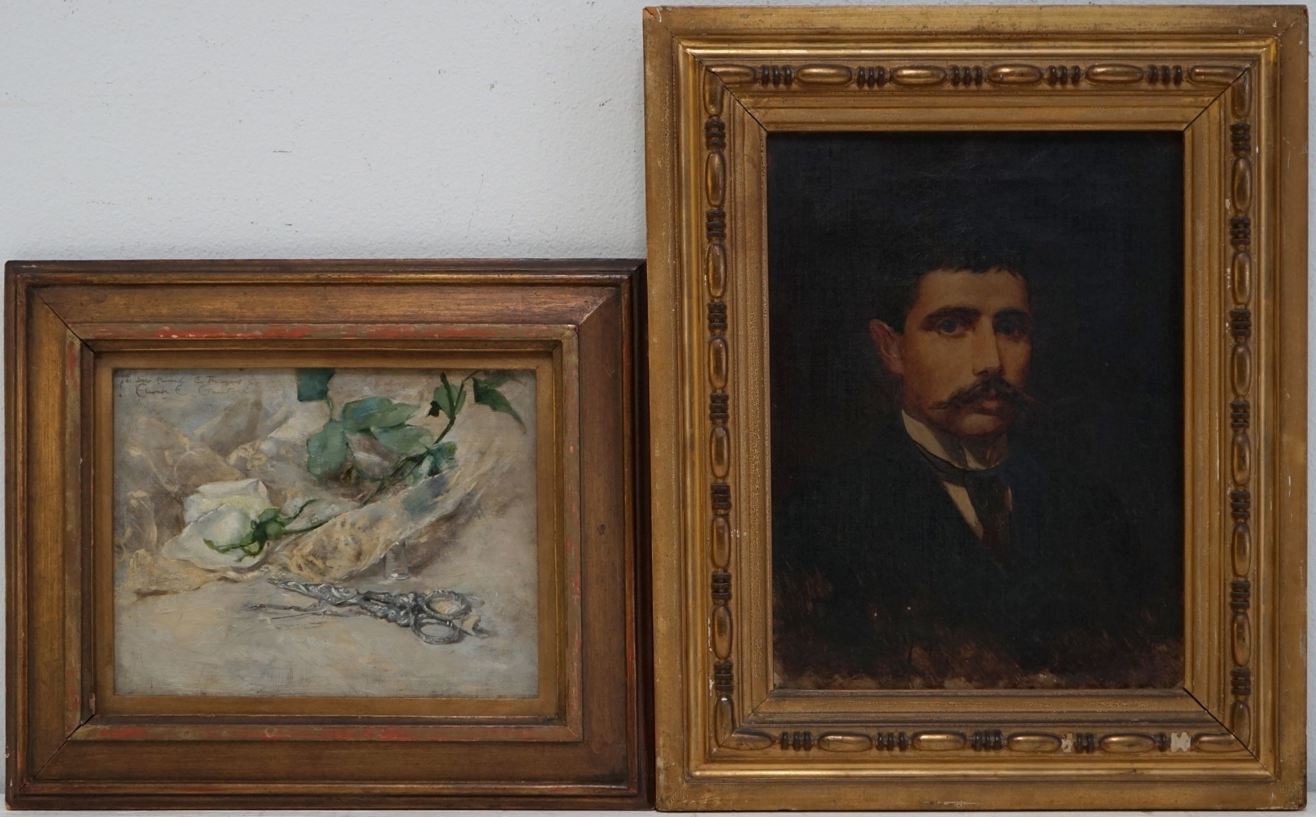 Artwork by Eleanor Elizabeth Greatorex, Still-Life and Portrait: (i) 'White Rose with Scissors', Made of Oil on board