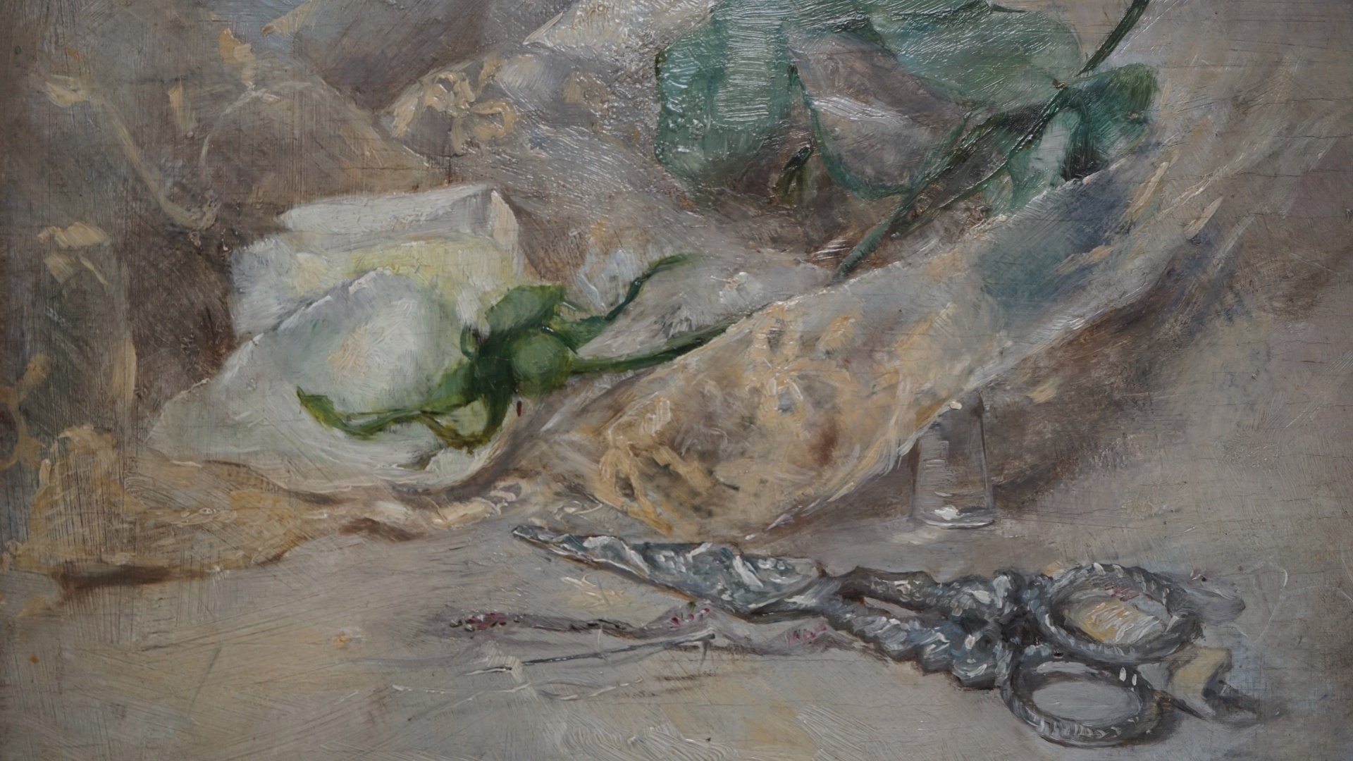 Artwork by Eleanor Elizabeth Greatorex, Still-Life and Portrait: (i) 'White Rose with Scissors', Made of Oil on board