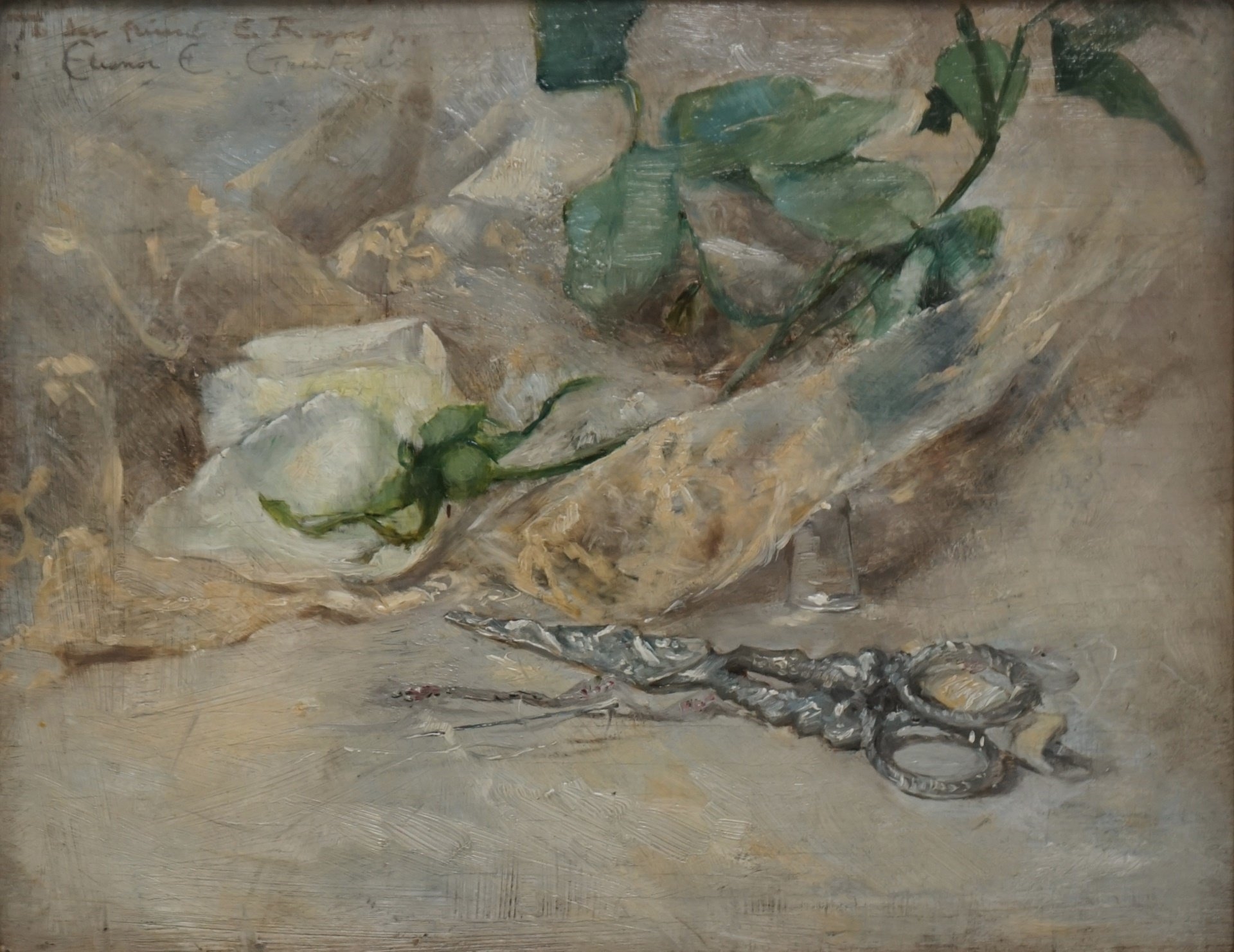 Artwork by Eleanor Elizabeth Greatorex, Still-Life and Portrait: (i) 'White Rose with Scissors', Made of Oil on board