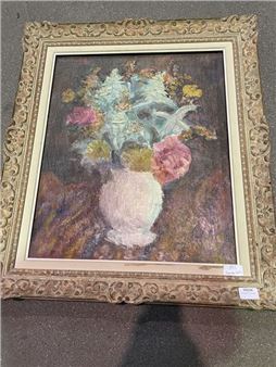 Vase of flowers on an entablature - Charles-Adolphe Bischoff