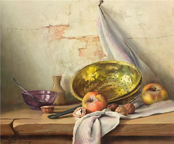 Brass Pan, Fruit, Walnut, Purple Dish and Spoon