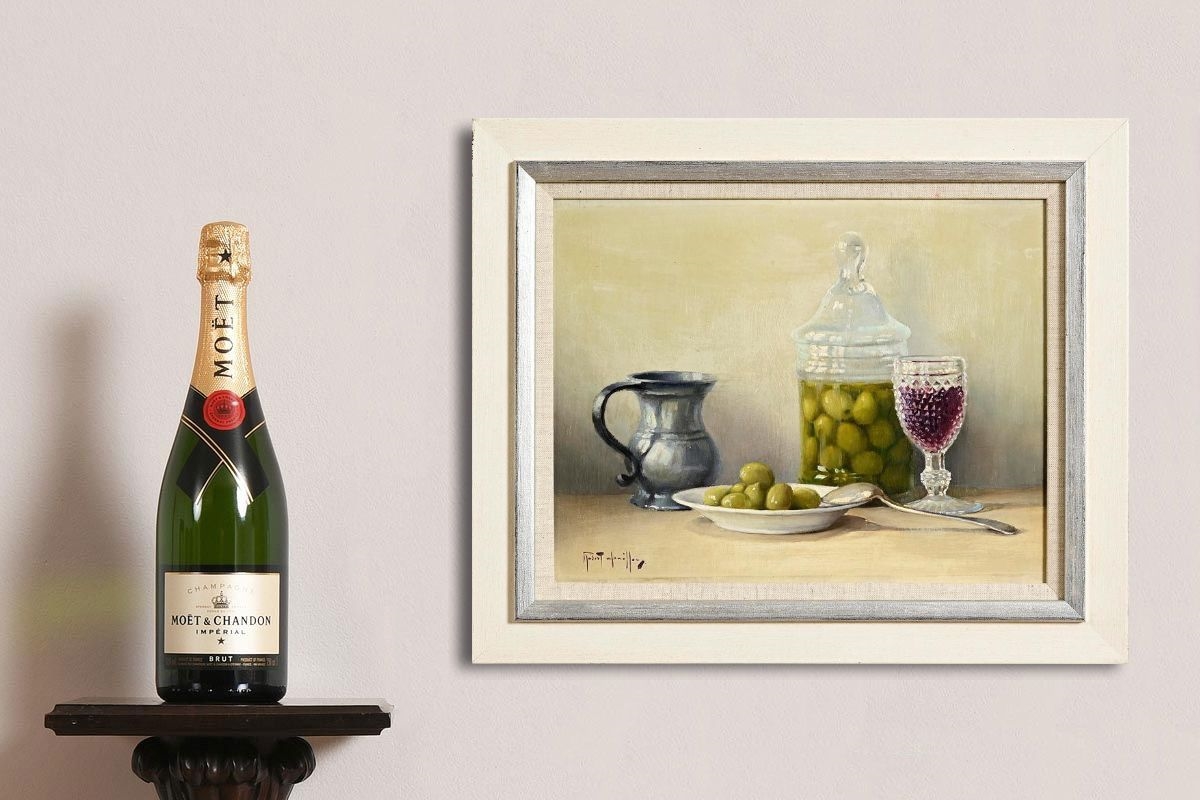 Artwork by Robert Chailloux, Still Life - Olives and Wine, Made of oil on board