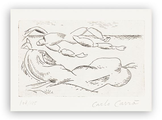 Uomo e cavallo sulla spiaggia by Carlo Carrà, 1976