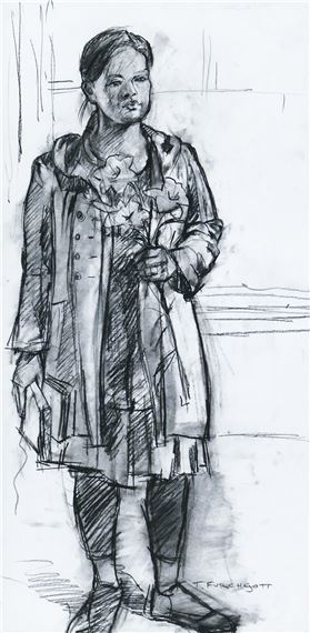 Terry Furchgott ''Standing Woman with Flowers'' Charcoal on Paper Framed - Terry Furchgott