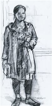 Terry Furchgott ''Standing Woman with Flowers'' Charcoal on Paper Framed - Terry Furchgott