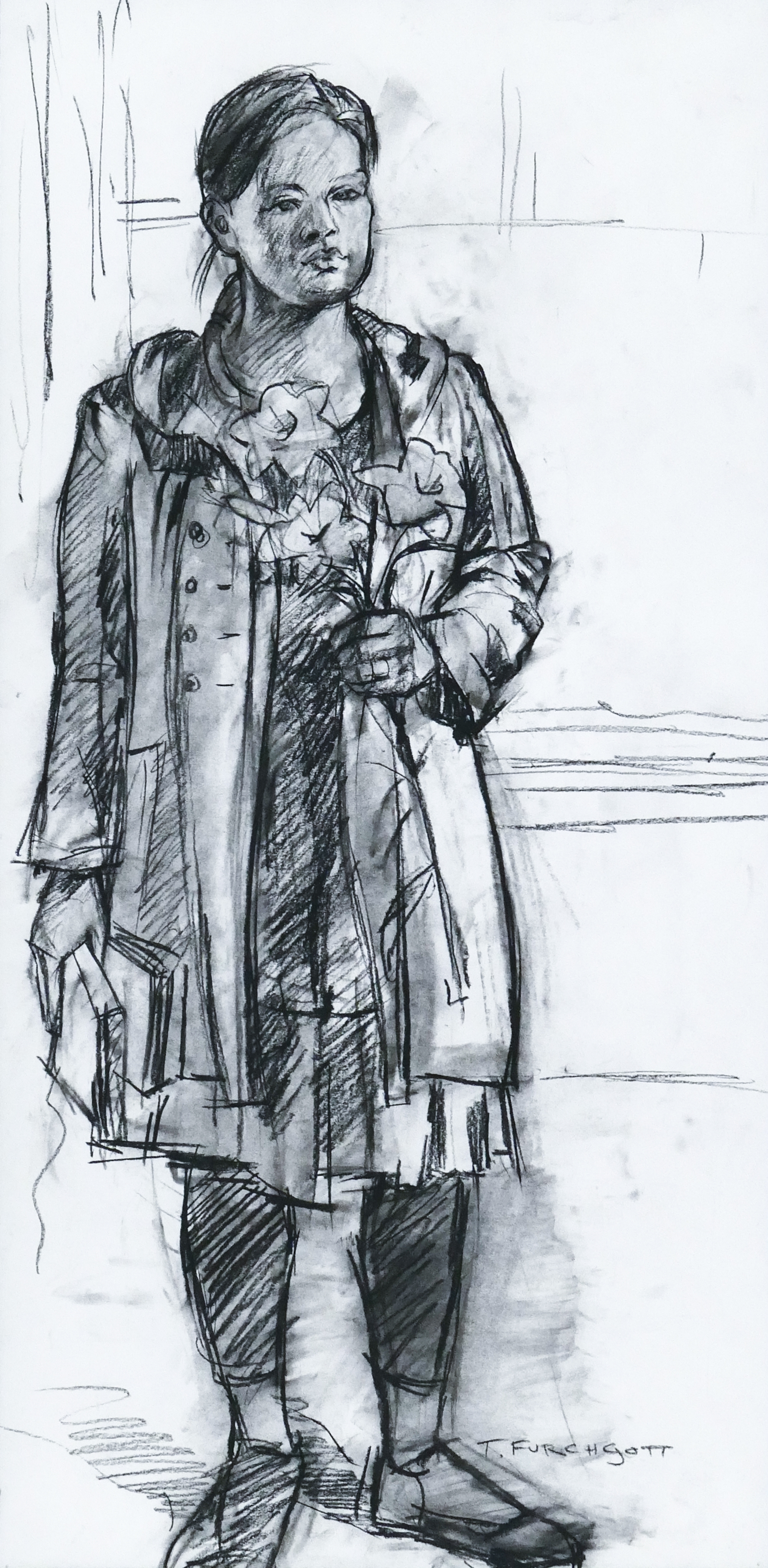 Artwork by Terry Furchgott, Terry Furchgott ''Standing Woman with Flowers'' Charcoal on Paper Framed, Made of Charcoal on Paper