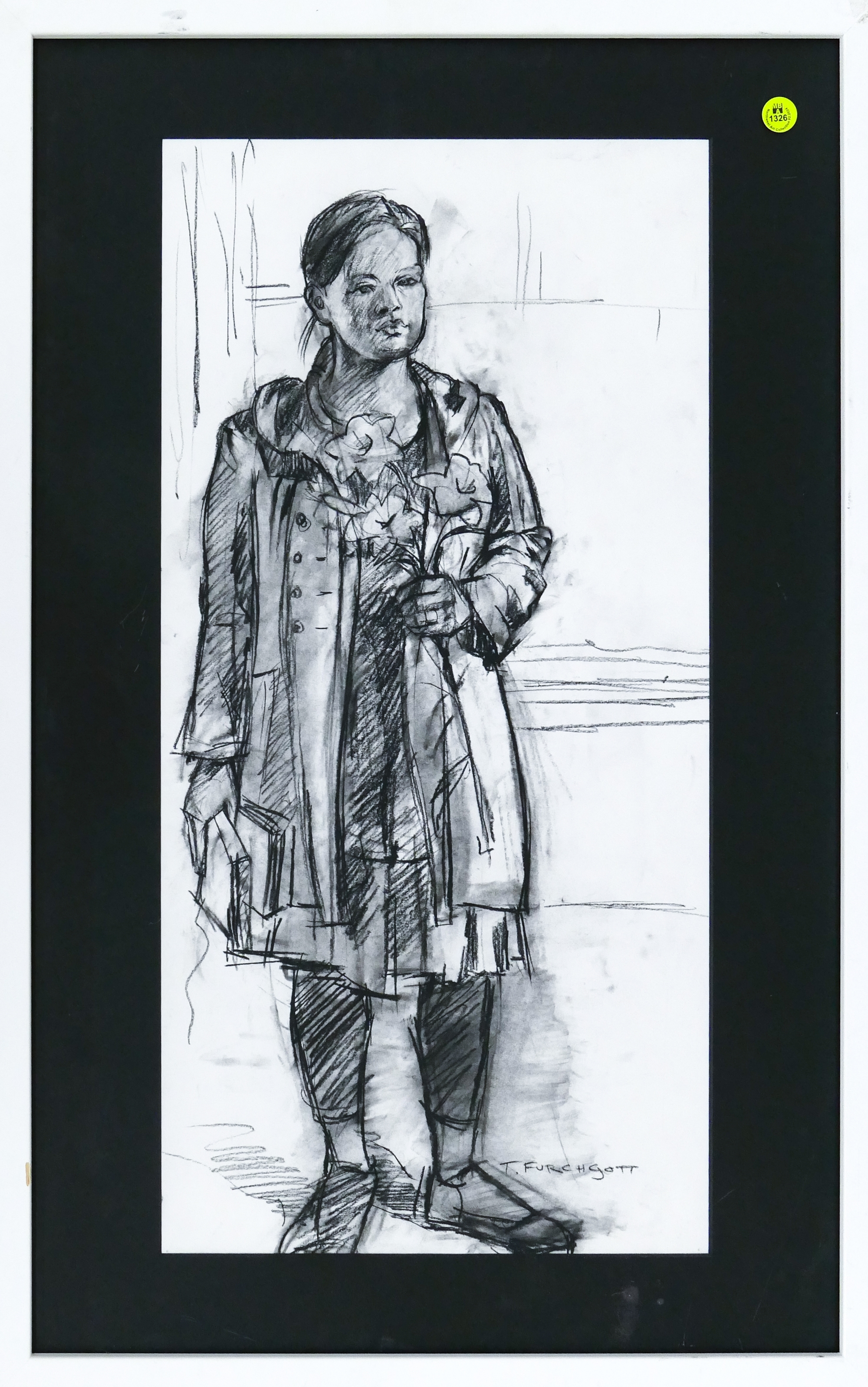 Artwork by Terry Furchgott, Terry Furchgott ''Standing Woman with Flowers'' Charcoal on Paper Framed, Made of Charcoal on Paper