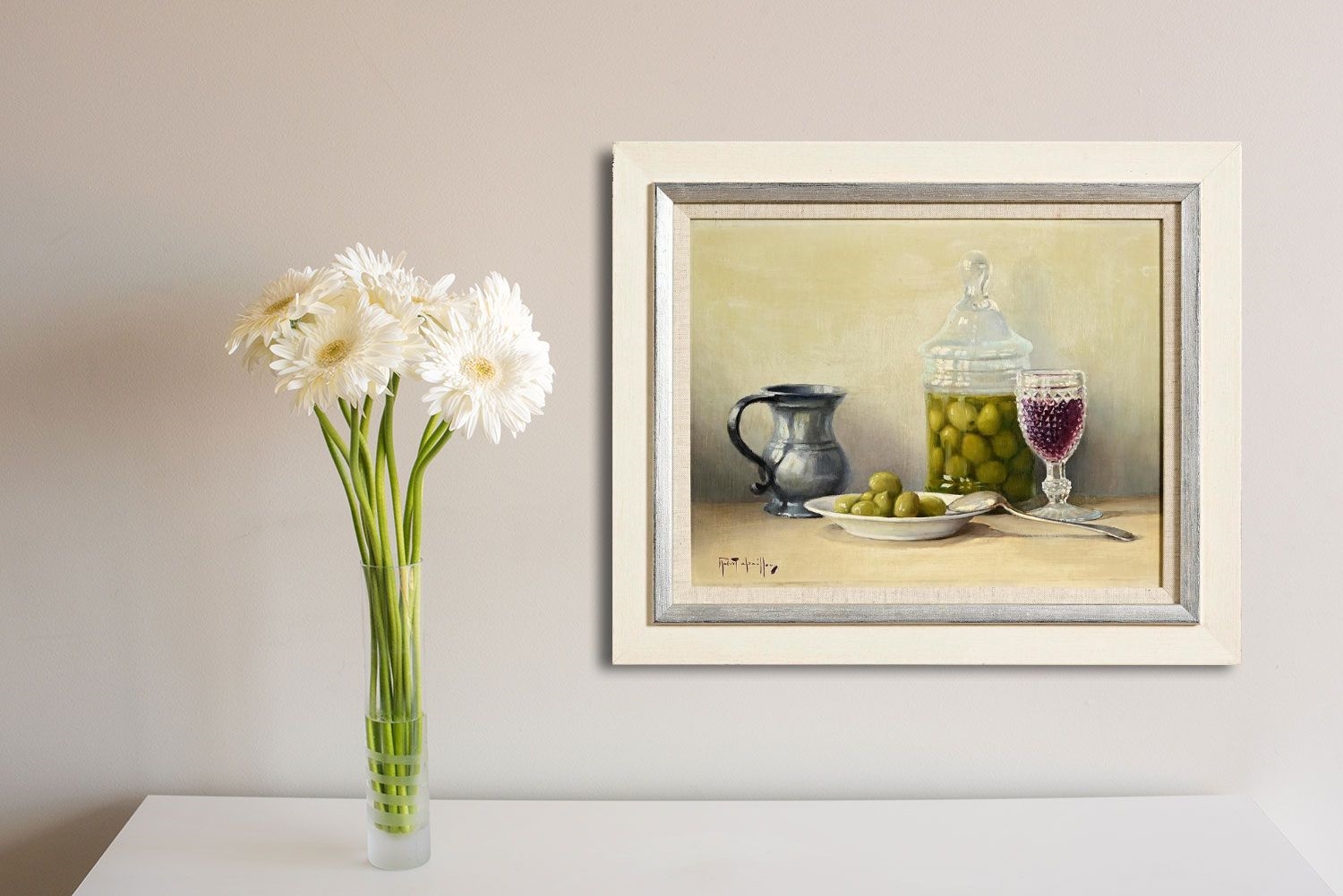 Artwork by Robert Chailloux, Still Life - Olives and Wine, Made of oil on board