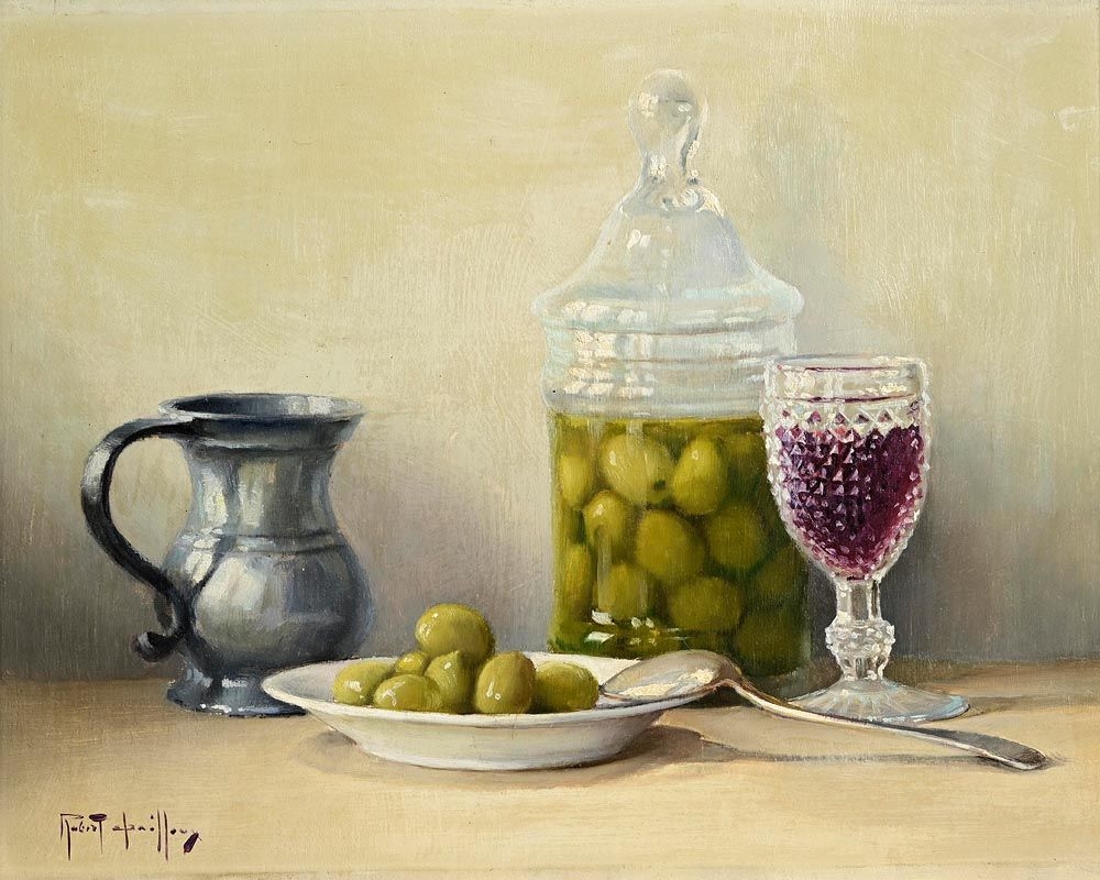 Artwork by Robert Chailloux, Still Life - Olives and Wine, Made of oil on board