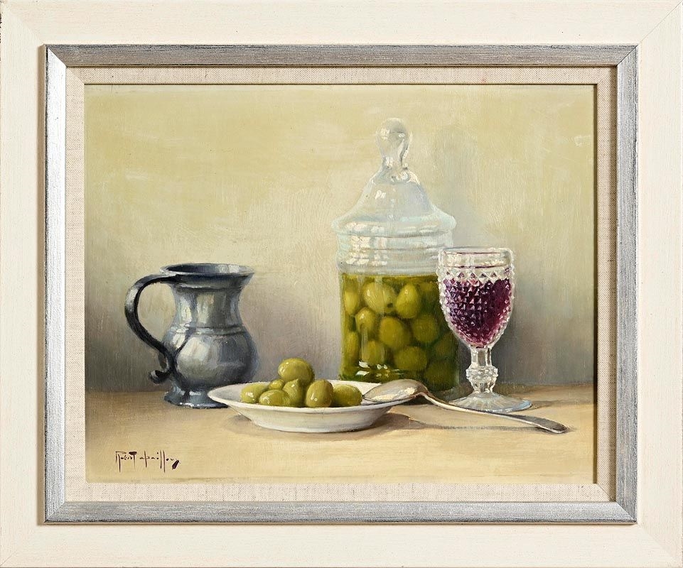 Artwork by Robert Chailloux, Still Life - Olives and Wine, Made of oil on board