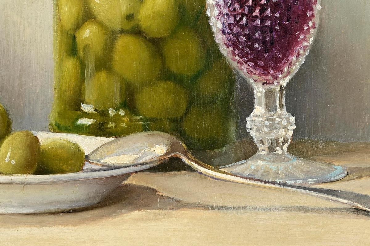 Artwork by Robert Chailloux, Still Life - Olives and Wine, Made of oil on board