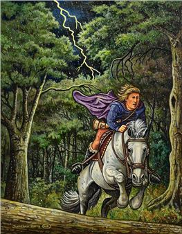 A dramatic forest scene featuring a rider on a white horse under a stormy sky.