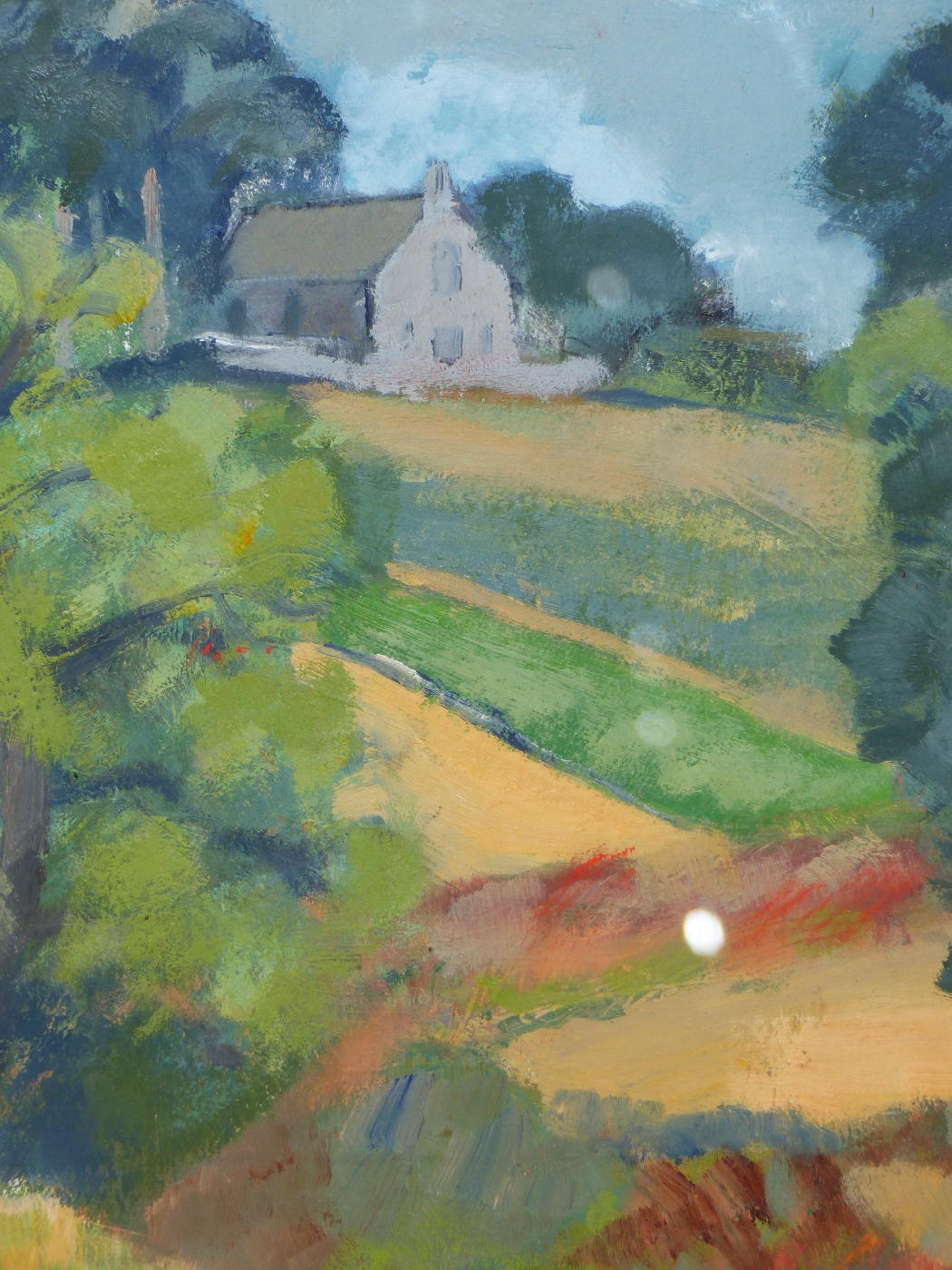 Artwork by Mary Stuart, LANDSCAPE WITH CHURCH, Made of OIL ON BOARD