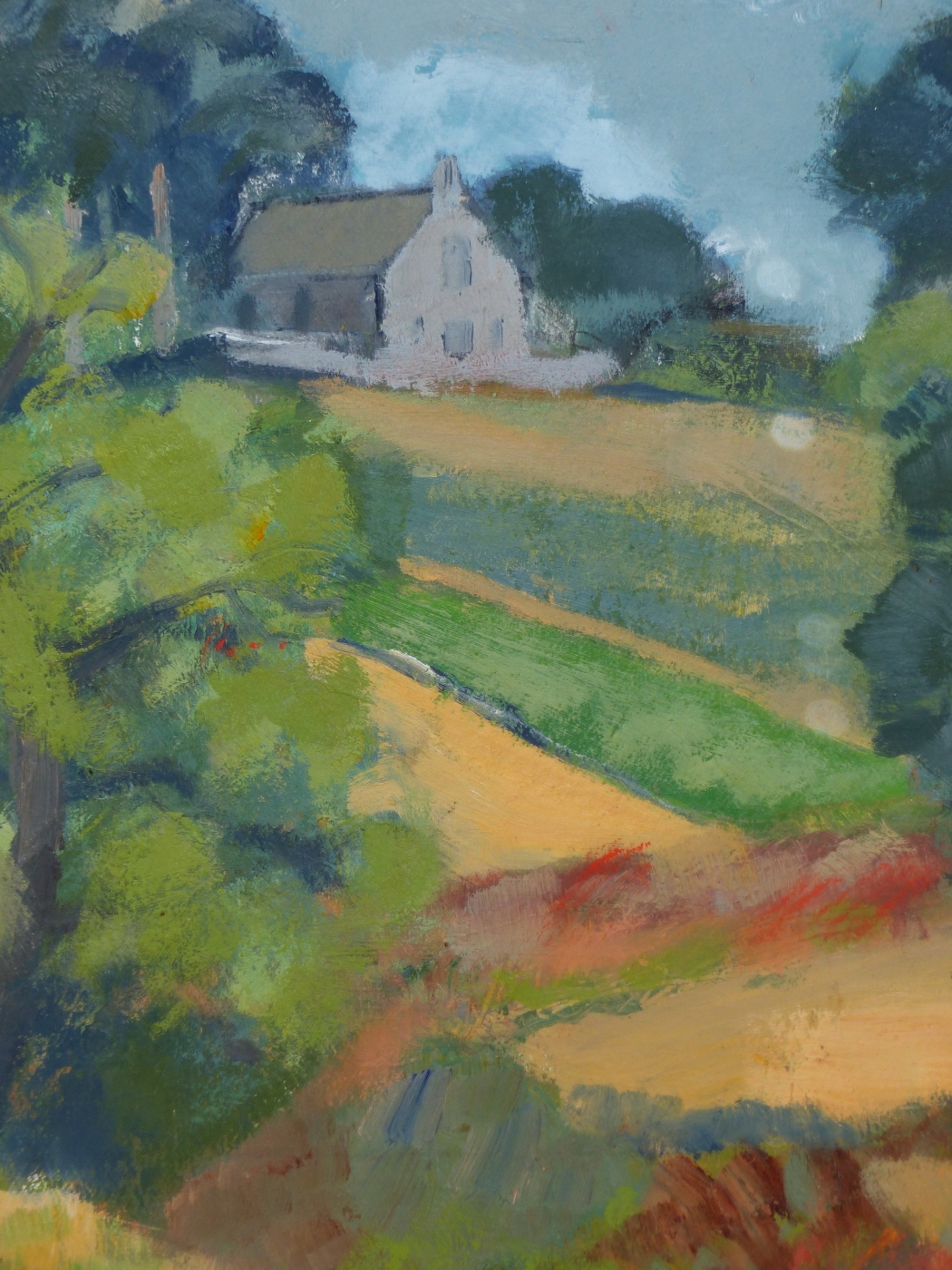 Artwork by Mary Stuart, LANDSCAPE WITH CHURCH, Made of OIL ON BOARD