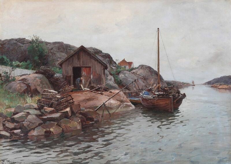 A view of a fisherman cottage by a fiord by Even Ulving