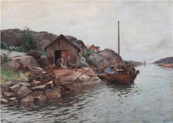 A view of a fisherman cottage by a fiord - Even Ulving