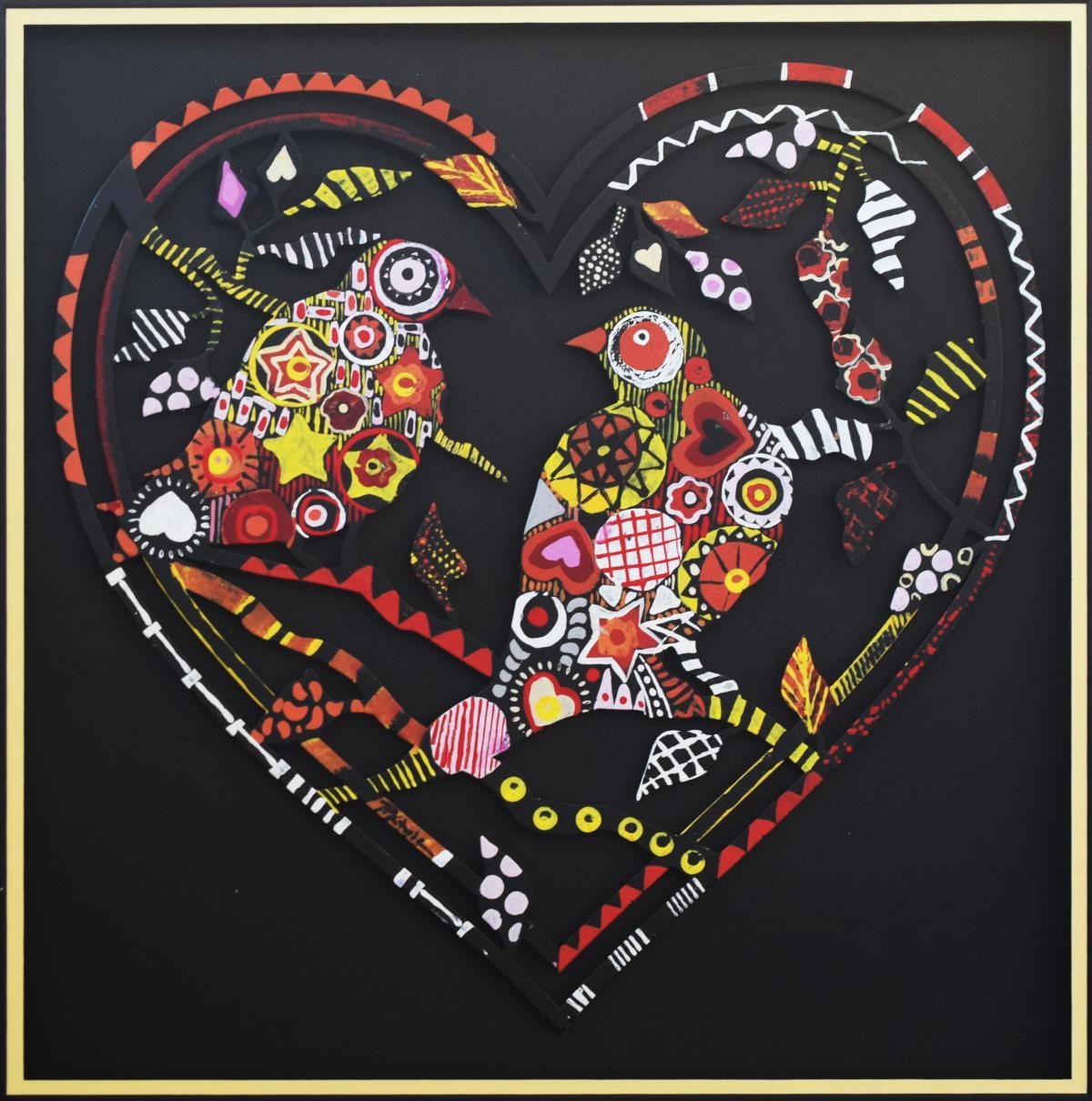 Artwork by Patricia Govezensky, Love Birds XII, Made of Original Painting On Laser Cut Steel
