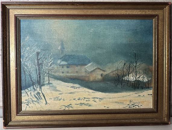 Richard GAUDUCHON Snowy landscape in the moonlight Oil on canvas pasted on panel by Richard Gauduchon