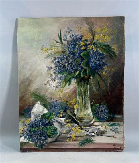 Louis PIVOT Bouquet of mimosa and lilac Oil on canvas Signed and dated lower right by Louis Pivot, dated 1914