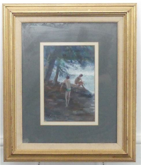Keith Money | Bathers on rocks in shade by trees, (1935) | MutualArt