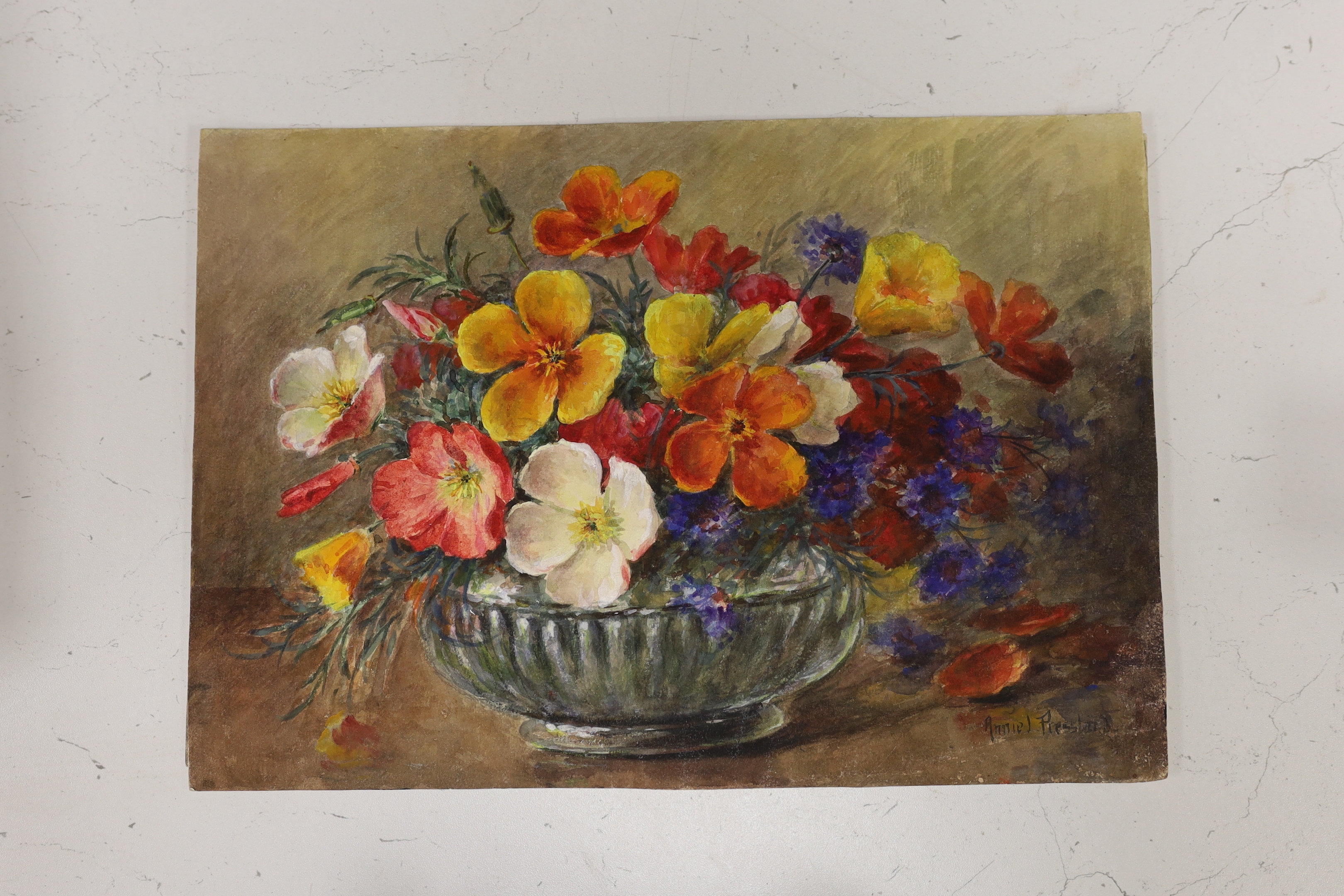 Artwork by Annie L. Pressland, Still life’s of flowers in vases, Made of watercolours on card