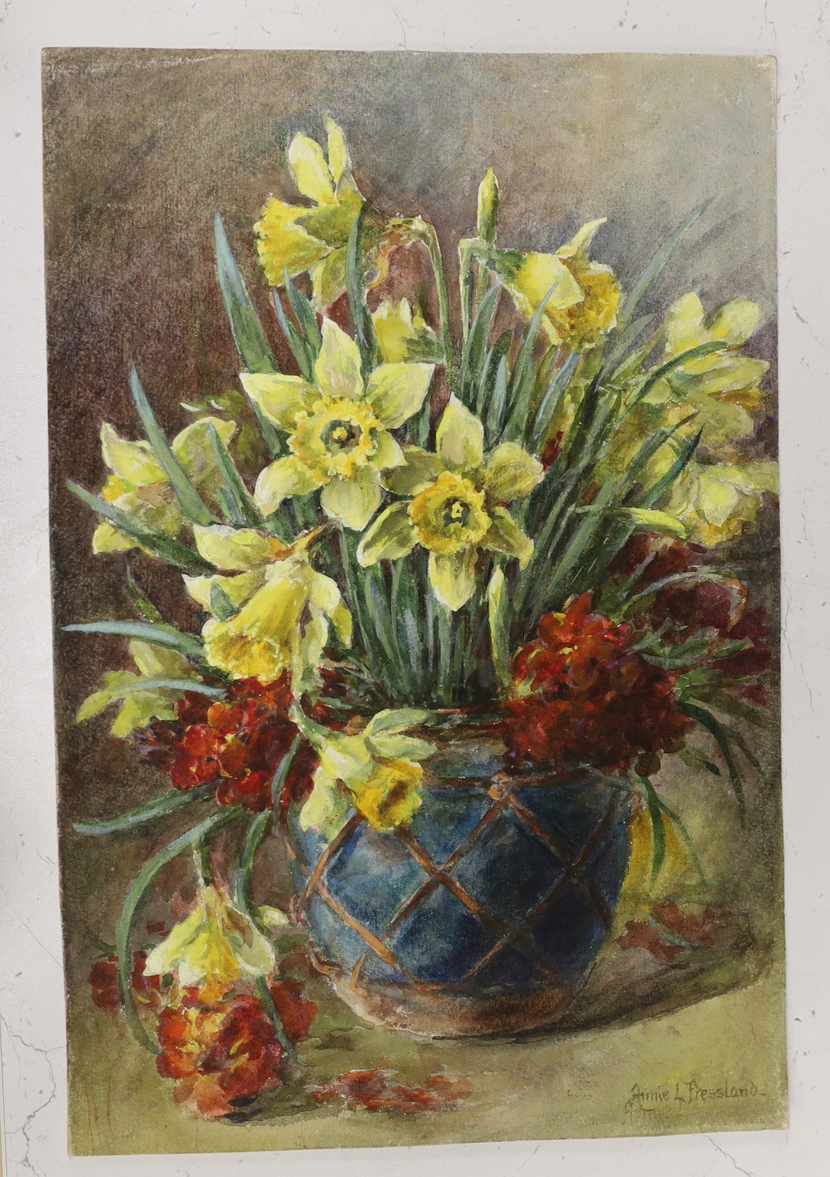 Artwork by Annie L. Pressland, Still life’s of flowers in vases, Made of watercolours on card