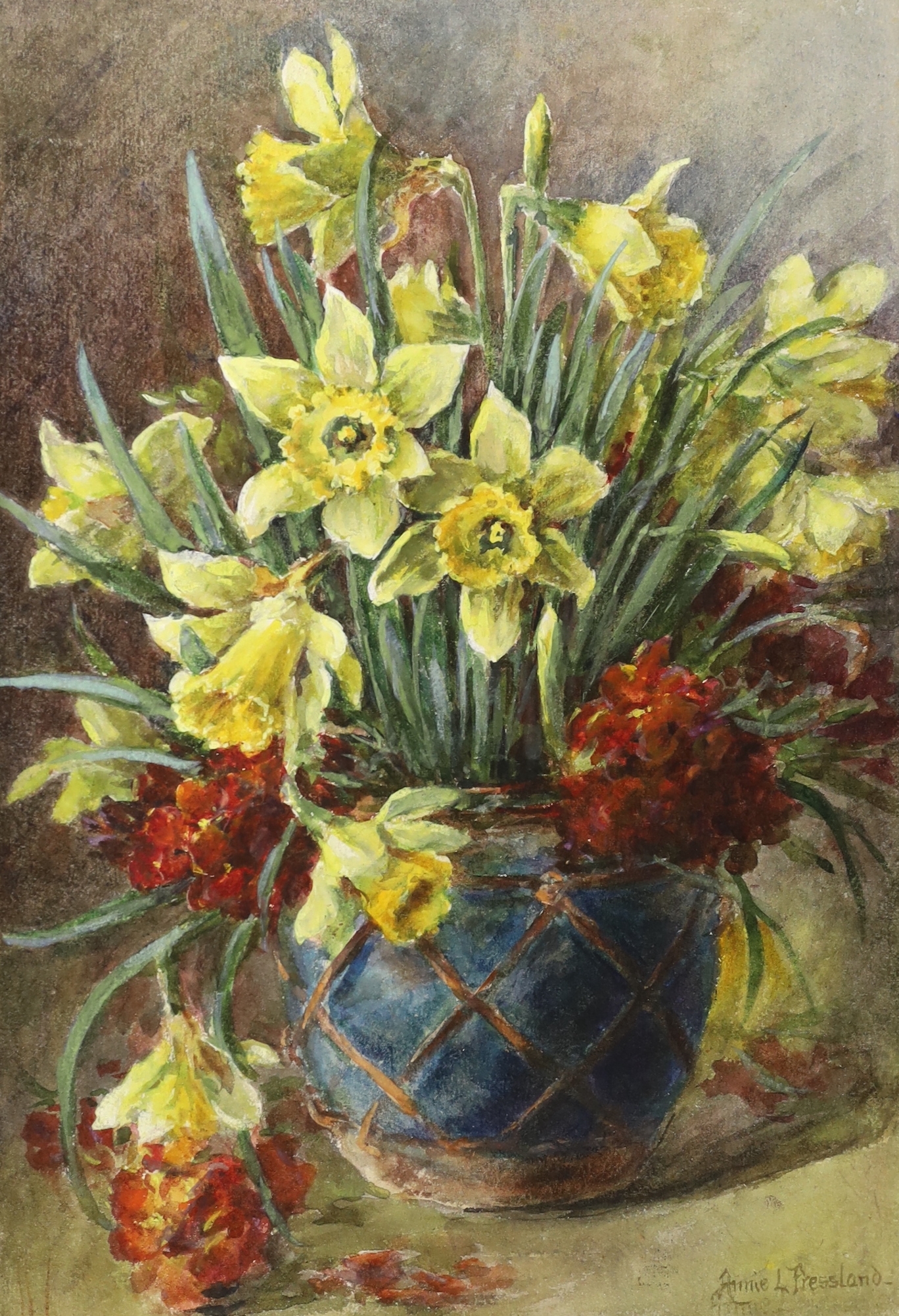 Artwork by Annie L. Pressland, Still life’s of flowers in vases, Made of watercolours on card