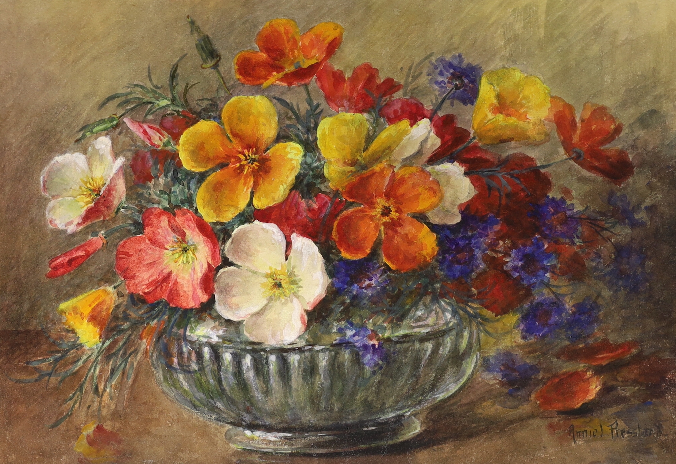 Artwork by Annie L. Pressland, Still life’s of flowers in vases, Made of watercolours on card