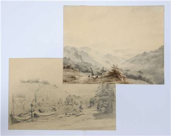A collection of three monochromatic landscape sketches depicting rural scenes with boats, figures, and distant mountains.