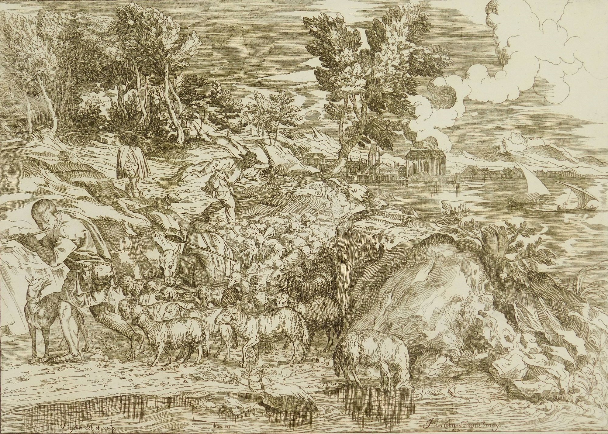 Landscape with Flute Playing Shepherd by Valentin le Febre