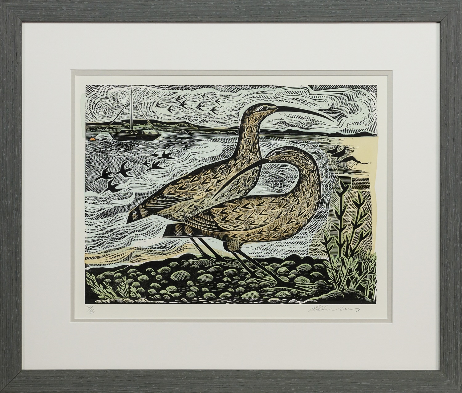Artwork by Angela Harding, TWO BIRDS, Made of linocut and silkscreen print on paper