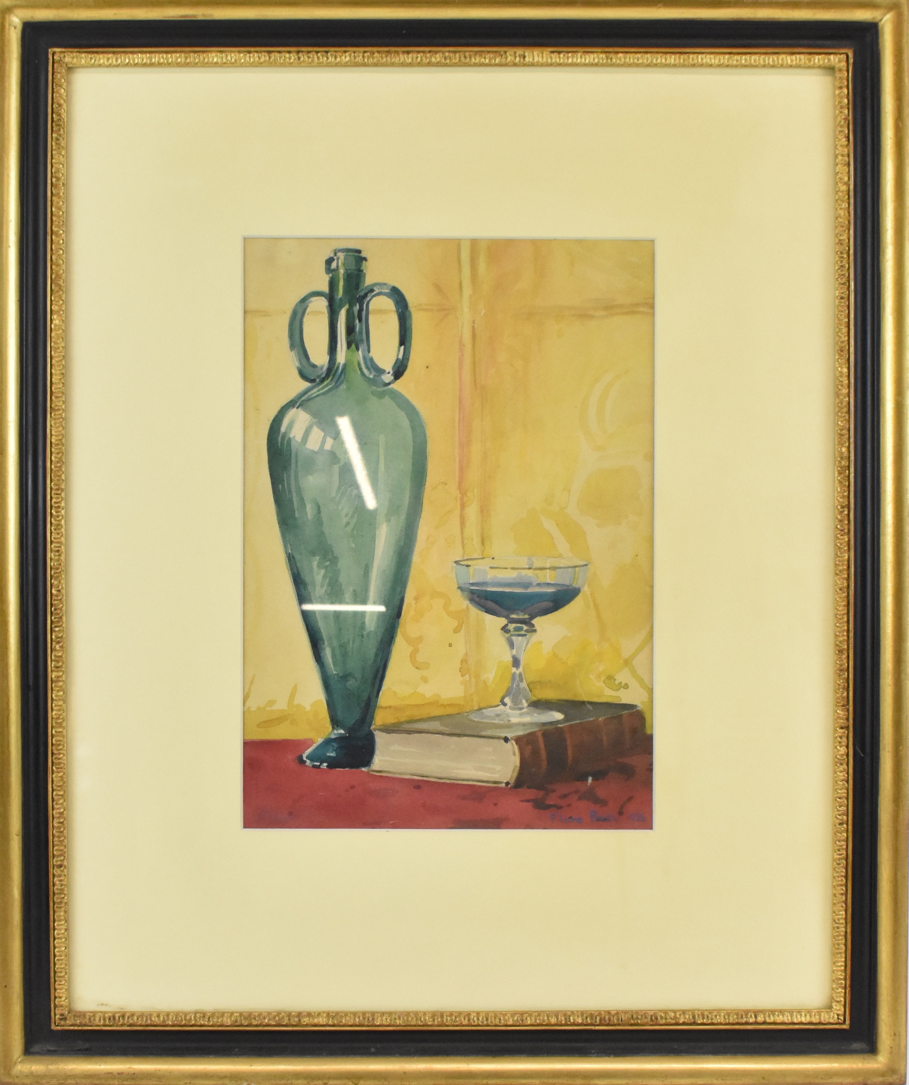 Flora Bush | still life depicting vase and glass on top of a book ...