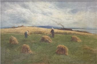 harvest scene with cottage and estuary, - George Aikman